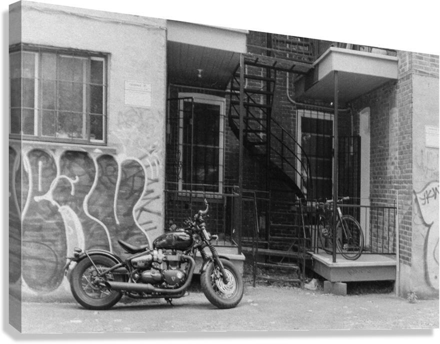 Parked Motorbike In A Montreal Alleyway In Black And White  Canvas Print