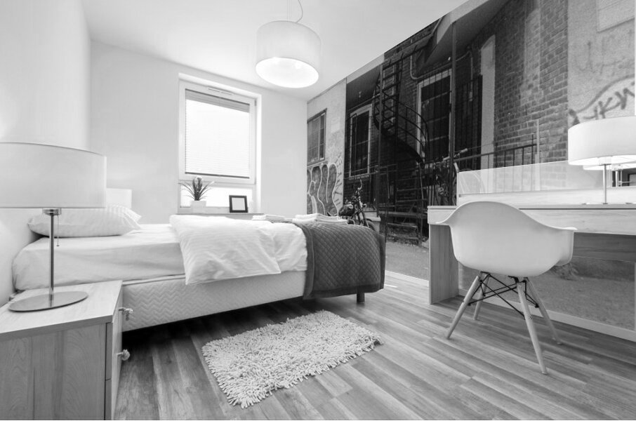 Parked Motorbike In A Montreal Alleyway In Black And White Mural print