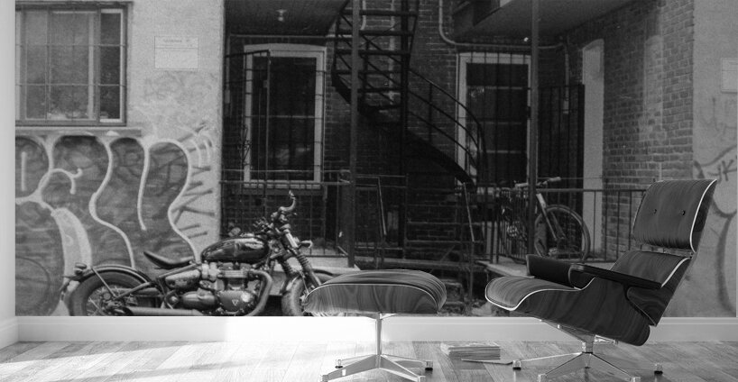 Parked Motorbike In A Montreal Alleyway In Black And White Wall Murals