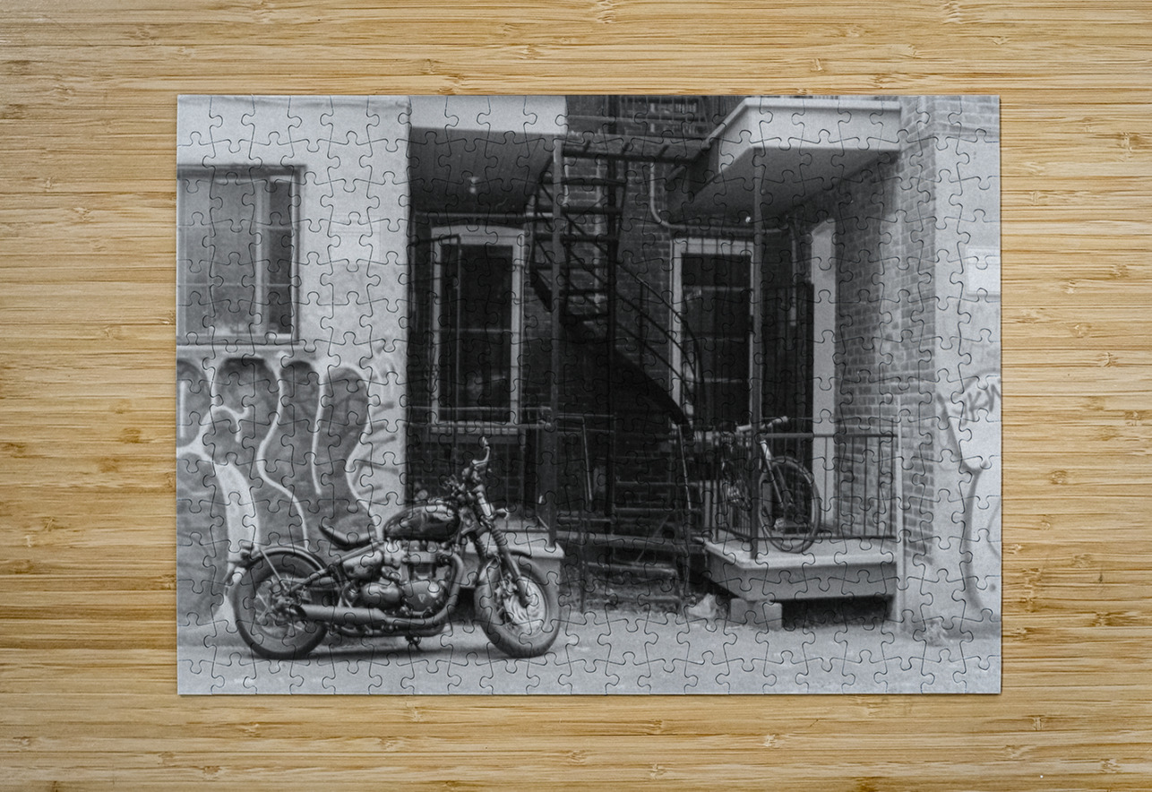 Parked Motorbike In A Montreal Alleyway In Black And White Normand Charpentier Puzzle printing