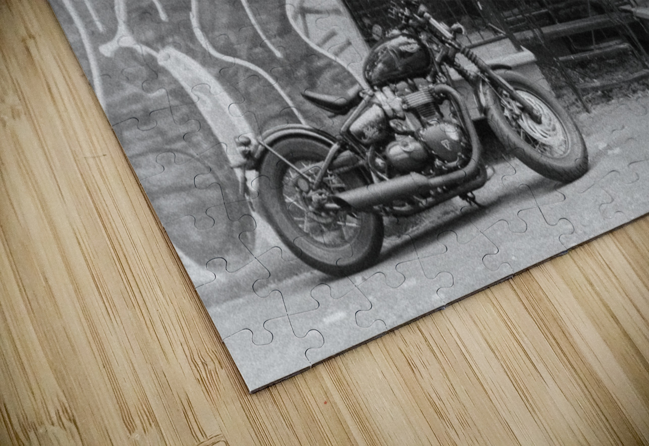 Parked Motorbike In A Montreal Alleyway In Black And White Normand Charpentier Puzzle